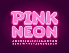 Vector Pink Neon Font. Glowing Alphabet Letters And Numbers.