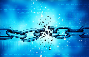 Broken data chain. Data hacked  concept. 3d illustration.