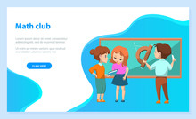 Math Club. Group Of Kids Solving Geometry Problems. Boy Drawing On Blackboard With Chalk. Back To School Concept. Vector Illustration In Flat Cartoon Style