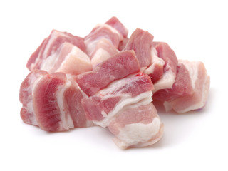 Raw pork belly pieces on a white background