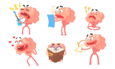 Sticker - Set of cartoon humanized brains with arms and legs. Vector illustration.