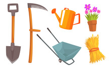 Different Tools For A Farm And A Flower In A Pot. Vector Illustration.