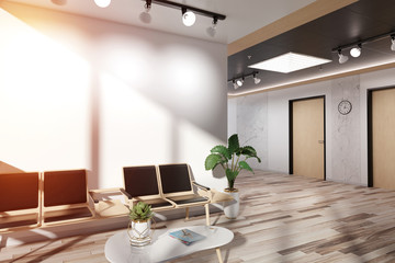 Poster - Blank white wall in wooden waiting room Mockup 3D rendering
