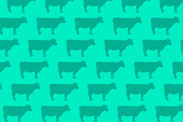 Wall Mural - Cow silhouette isolated on bright blue or mint background animal pattern.