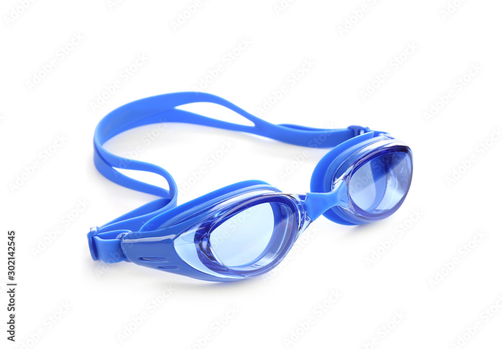 Blue swim goggles isolated on white. Beach object - obrazy, fototapety, plakaty 