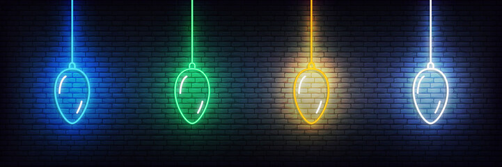 Wall Mural - Christmas ball neon icons. Set of realistic colorful Xmas decorations glowing sign