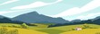 Panoramic landscape with meadows and mountains. House in rural area vector illustration. Scenic outdoor nature view with cottage in countryside. Idyll country life. Green hills, blue sky.