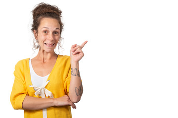 woman showing finger on copy space for product or text, isolated of white background.