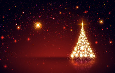 Golden Christmas tree isolated on sky background.