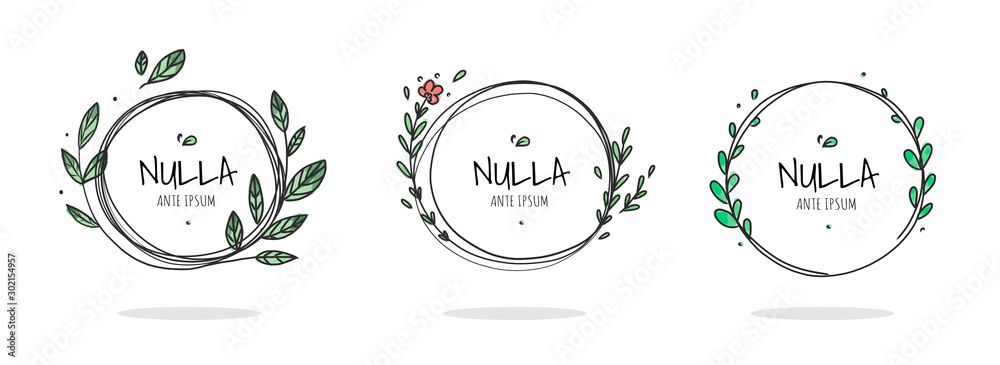 Set of 6 circle cute hand drawn frames on the white background. Doodle hand drawn decorative outlined wreaths with branches, leaves and flowers. Vector illustration. Circle frames - obrazy, fototapety, plakaty 