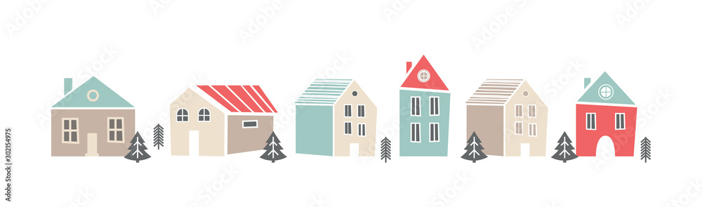 Cute sbanner with houses in Scandinavian, Nordic style. Pretty background for kids collection. illustration. Trendy style - obrazy, fototapety, plakaty 