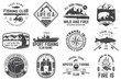 Set of outdoor adventure patches with inspirational quotes, fishing club badges. Vector. Concept for shirt or print, stamp or tee. Vintage design with rv trailer, camping tent, fish rod, bear.