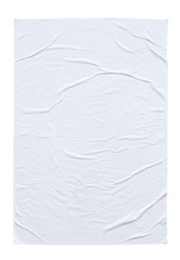 Blank white crumpled and creased paper poster texture isolated on white background