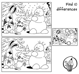 Wall Mural - Snowman and two rabbits. Find 10 differences. Educational matching game for children. Black and white cartoon vector illustration