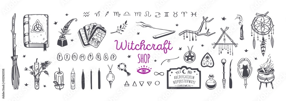Witchcraft, magic shop for witches and wizards. Wicca and pagan tradition. Vector vintage collection. Hand drawn elements candles, book of shadows, potion, tarot cards etc. - obrazy, fototapety, plakaty 
