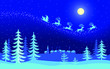 An illustration of Santa Claus flying across a snowy landscape in the Christmas moon night
