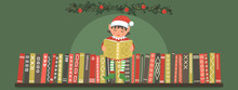 Cute Christmas Elf Reading Book On Bookshelf. Christmas, New Year Greeting Vector Illustration For Educational Projects.