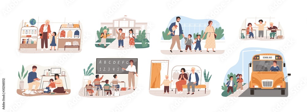 Back to school vector illustrations set. Preparation to Day of knowledge, school supplies buying, first grader gathering. Pupils and teacher, parents and children, bus driver cartoon characters. - obrazy, fototapety, plakaty 