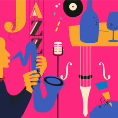 Poster - Jazz music festival poster with violoncello, saxophone and microphone flat vector illustration design. Colorful music background, music show, live concert events, party flyer, jazz music poster