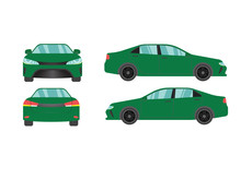 Set Of Green Sedan Car View On White Background,illustration Vector,Side, Front, Back