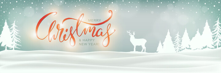 Christmas Blue Background with Winter Forest, Reindeer and  Holidays Congratulation