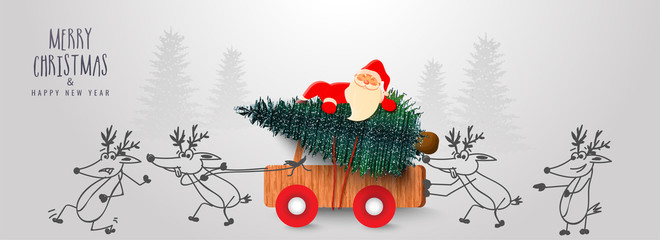 cute santa claus carrying xmas tree on wooden pickup truck pushing by cartoon reindeer on the occasi