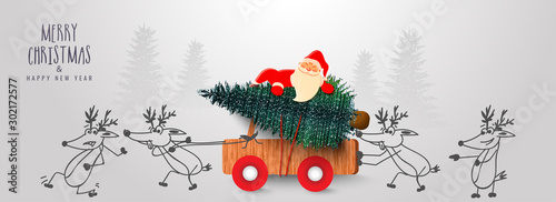 Cute santa claus carrying Xmas tree on wooden pickup truck pushing by cartoon reindeer on the occasion of Merry Christmas & Happy New Year celebration Tableau sur Toile