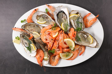 Canvas Print - shrimp, oyster and clam, top view