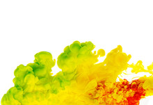 Colorful Cloud Of Yellow, Green And Red Ink On White Background.