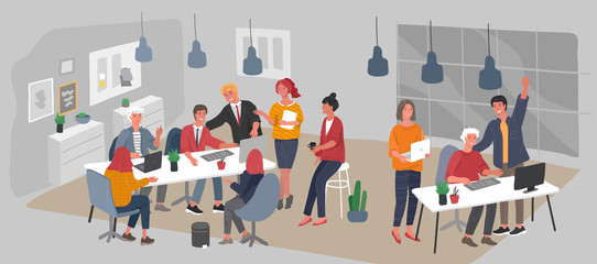 Wall Mural - Office interior workplace with group workers communicating or talking to client or conversations between teamwork or meeting, brainstorming. Vector cartoon concept illustration