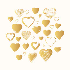 Hand drawn golden brush, scribble, chalk, grunge hearts frame. Vector isolated gold romantic background.