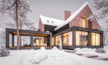 3d Rendering Of Modern Cozy Clinker House On The Ponds With Garage And Pool For Sale Or Rent With Beautiful Landscaping On Background. Cool Winter Evening With Warm Cozy Light Inside.