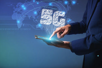 5G network concept. Touch screen device to connect to global cyber net, Businessman ai smartphone online to social network, Digital link to data information, Internet of things online. - Image