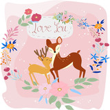 Fototapeta Pokój dzieciecy - Cute baby deer and mom in the flower frame