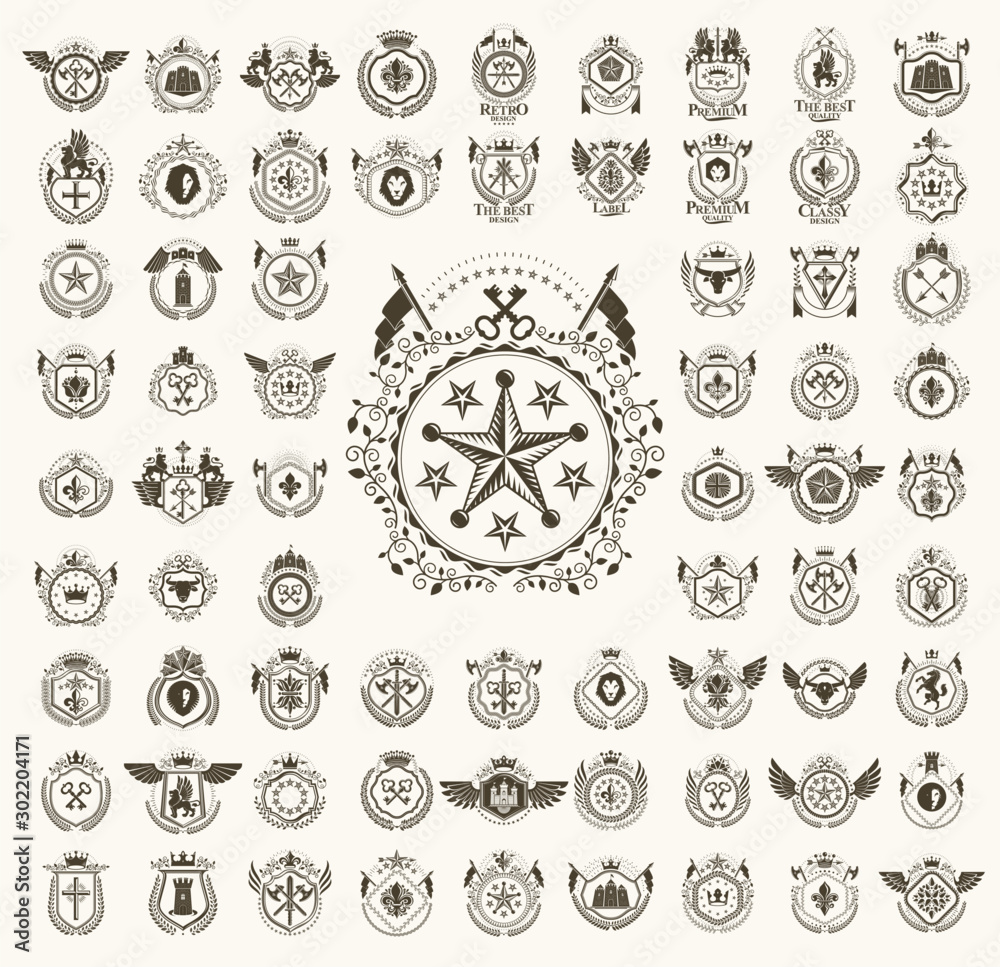 Classic style emblems big set, ancient heraldic symbols awards and labels collection, classical heraldry design elements, family or business emblems. - obrazy, fototapety, plakaty 