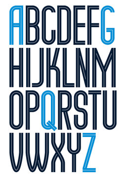 Vector tall condensed capital English alphabet letters collection made with white lines, can be used in poster design as newspaper advertising