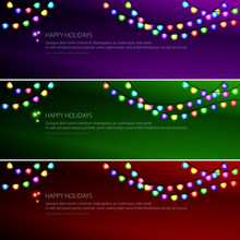 Set Of Festive Banners With Colorful Glowing Hearts Garlands, Merry Christmas And Winter Sale And Happy New Year Concept, Vector Illustration