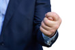 Hand of a businessman wearing a blue suit shows a fig sign close-up isolated on the white background. Front view. Rejection of unacceptable conditions concept.