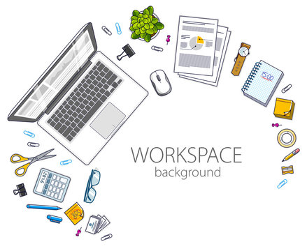 Office desk workspace top view with PC computer and diverse stationery objects for work with copy space for text. All elements are easy to use separately or recompose the illustration. Vector.