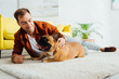 © LIGHTFIELD STUDIOS - Man petting french bulldog on carpet in living room