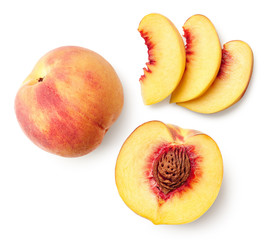 fresh ripe whole, half and sliced peach