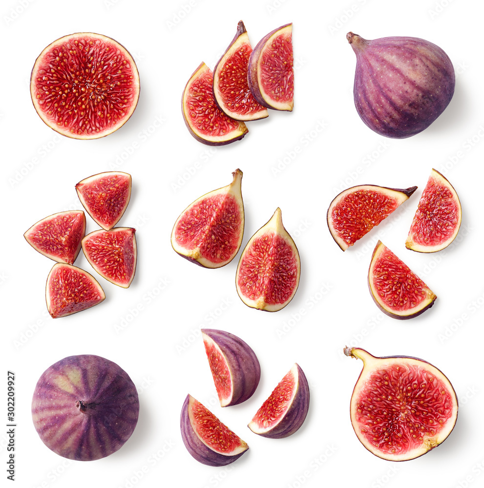 Set of fresh whole and sliced figs - obrazy, fototapety, plakaty 