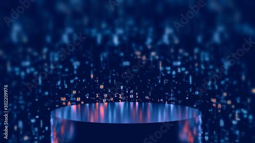 Cuadros en Lienzo 3D Rendering of chromium glossy podium stand in dark empty room with reflection from binary and digital data from wall