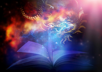 Poster - Magic book with light and shine An amazing story book with stars, and magic dragons. And sparkling lights on the background
