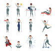 © Idey - Businesswoman character design in business clothes set. Girl works in the office, practices yoga, imagines herself a superhero, stresses, studies. Concept partnership, success, deadline vector
