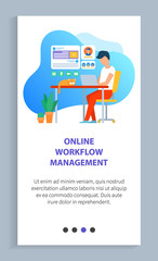 Poster - Man worker using laptop, workplace with cat, freelancer sitting on chair with wireless device on desktop, interface of board, technology vector. Website slider app template, landing page flat style