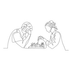 Wall Mural - Continuous one line man and woman play chess. Man thinks, woman makes a move. Vector