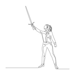 Wall Mural - Continuous one line woman stand with a sword in her hand held high up. Heroic pose. Vector