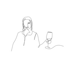 Continuous one line woman with wavy hair hold glass of wine in hand. Art. Vector