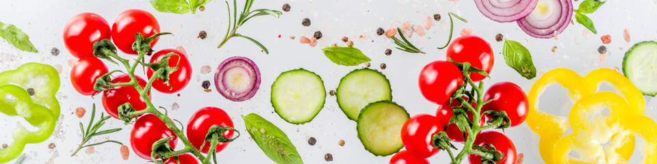 Fresh vegetables, herbs and spices on white background